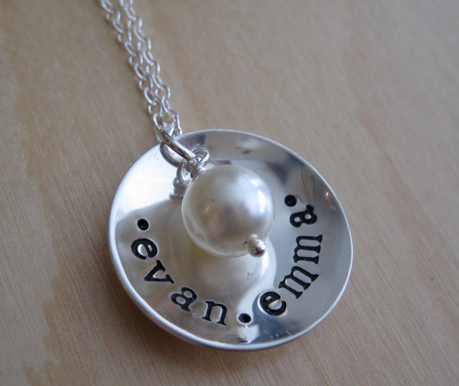 Personalized Mothers Necklace - Hand Stamped Name Necklace - Sterling Silver Name Charm with a Single Pearl
