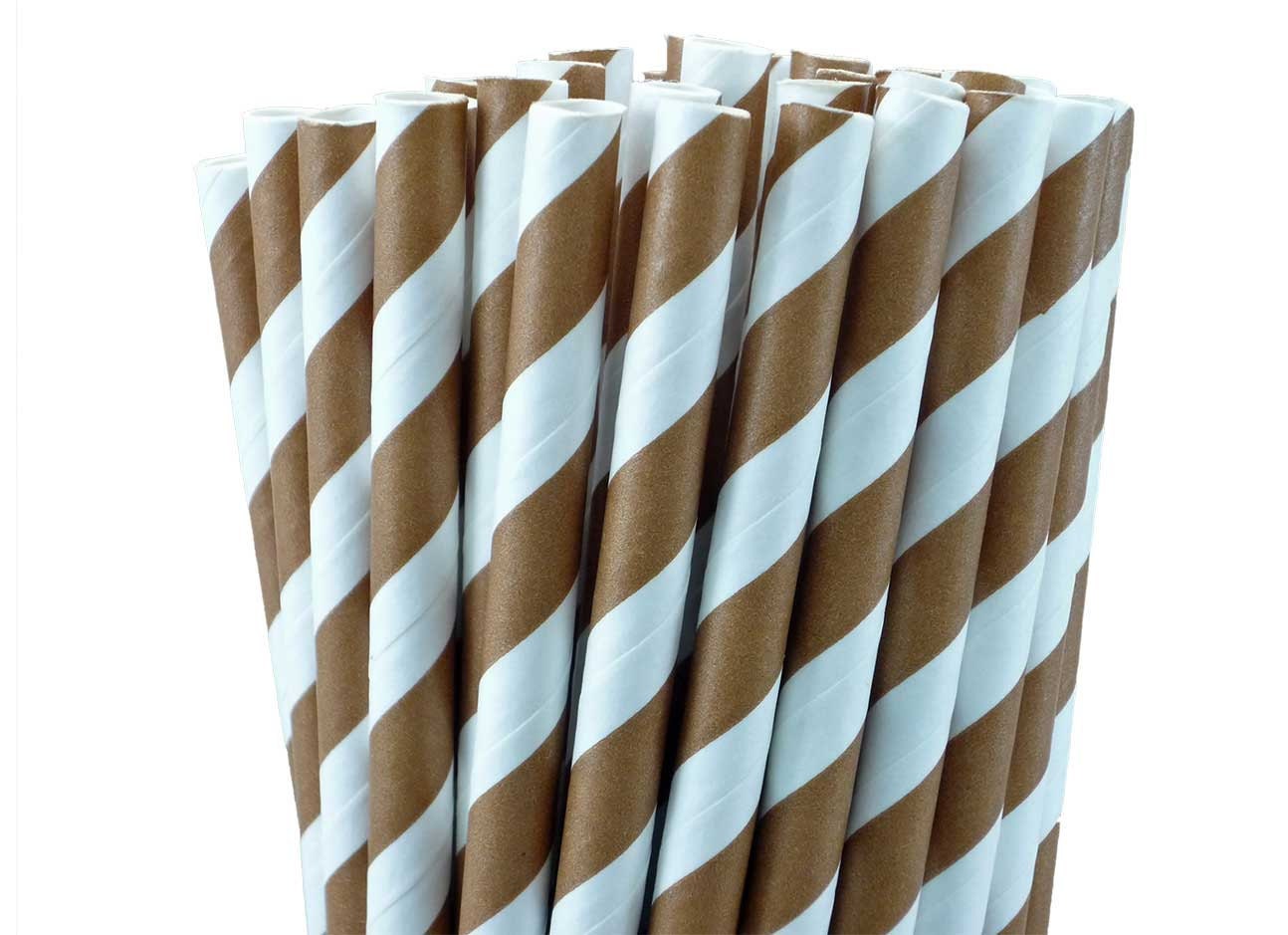 25 Brown and White Striped Paper Straws with handmade scalloped white paper flags