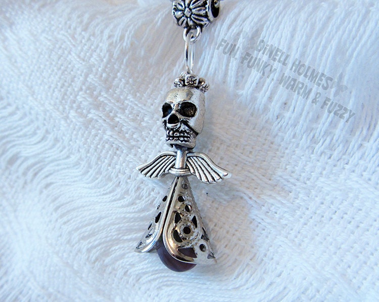 CLEARANCE SALE Angel Of Death Skull Necklace With Purple Drop Bead Handmade Halloween Day of the Dead Jewelry