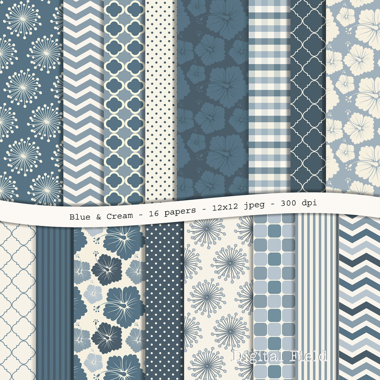INSTANT DOWNLOAD Blue & Cream digital scrapbooking paper pack - 16 printable jpeg papers, 12x12, 300 dpi