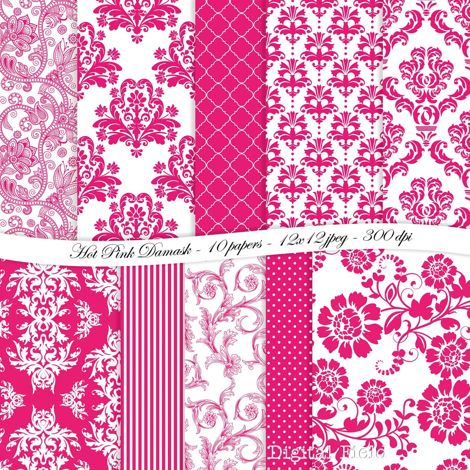 Hot Pink Damask Digital Scrapbooking Paper Pack By Digitalfield