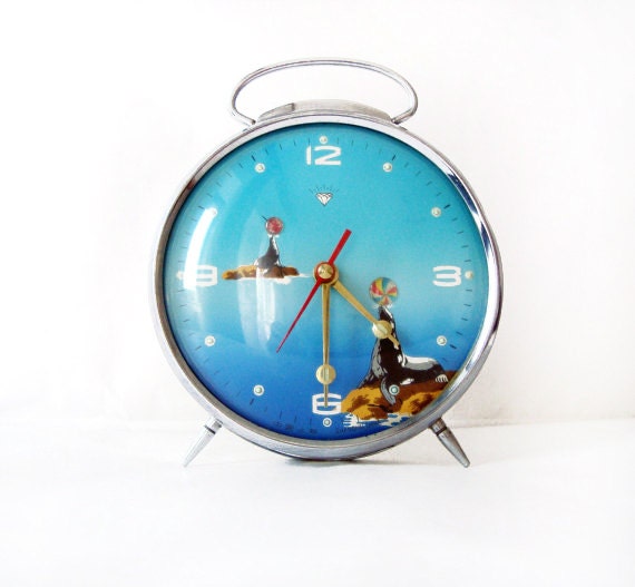 Blue, Aqua, Turquoise Vintage Clock - seal alarm vintage table clock in working condition
