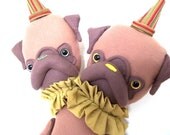 Mon Cher Pug, Soft sculpture, clown, circus, dolls, double headed, two headed, (brown, mustard, yellow, red, tan, green, striped)