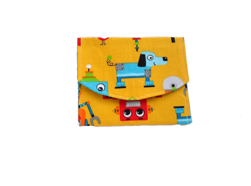 Fabric Wallet Business Card Holder -- Yellow robots