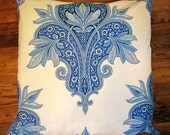 Damask Linen Floor Pillow Cover Blue Ivory French Country Large Scale Print Fabric Seat Cushion Throw Accent