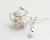 Pink Spring Sugar Bowl and Silver Plated Spoon Necklace Charm Necklace, Pendant Necklace, Whimsical Jewelry