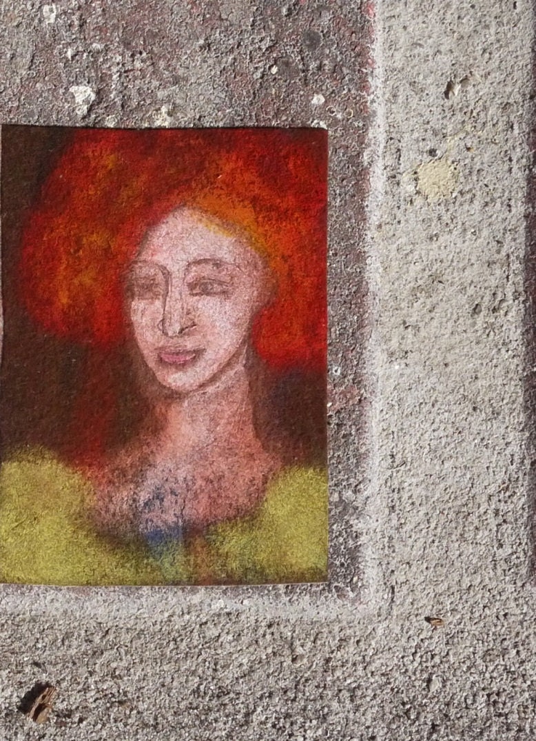 TEXTURED ACEO PAINTING, Woman portrait, Original art card, orange yellow art, Red hair girl,  Miniature Art by Teofana