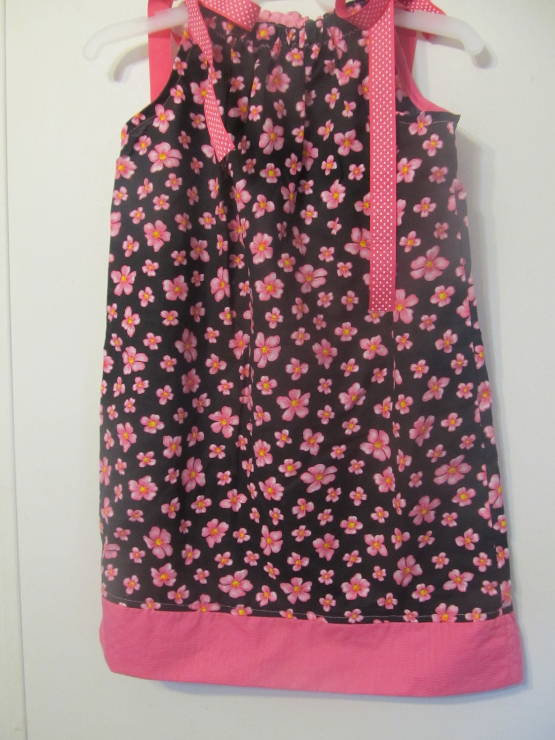 Girl's Pillowcase Dress ,Girl's clothing, Handmade dress,  black with pink flowers, Spring / Summer cotton dress, Grosgrain ribbon, Size 8