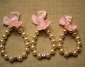 Set of 3: CUSTOM INITIALS or Initial - Adorable Little Girls Name Bracelet - Ivory Pearls, Light Pink Ribbon