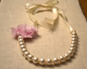 Set of 4 Rose - BUILD YOUR NECKLACE - Pick your Flower, Pearl Color and Ribbon Color - Ivory Pearls, Light Pink Flower