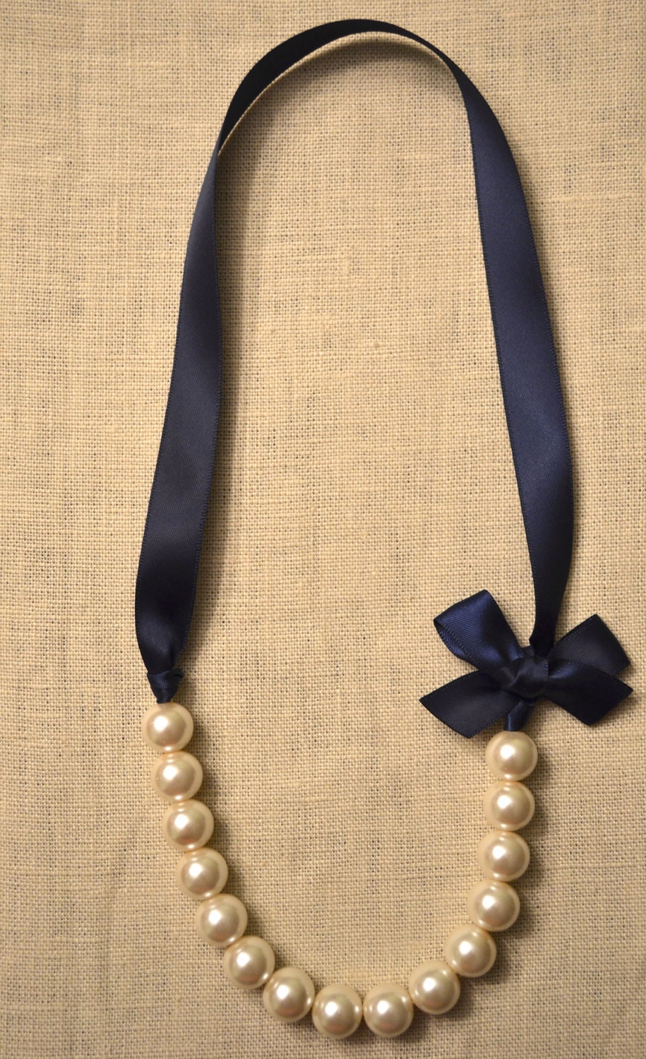 Set of 3 Lily: Beautiful Bride or Bridesmaid Pearl Necklace - Ivory with Navy Ribbon & Bow