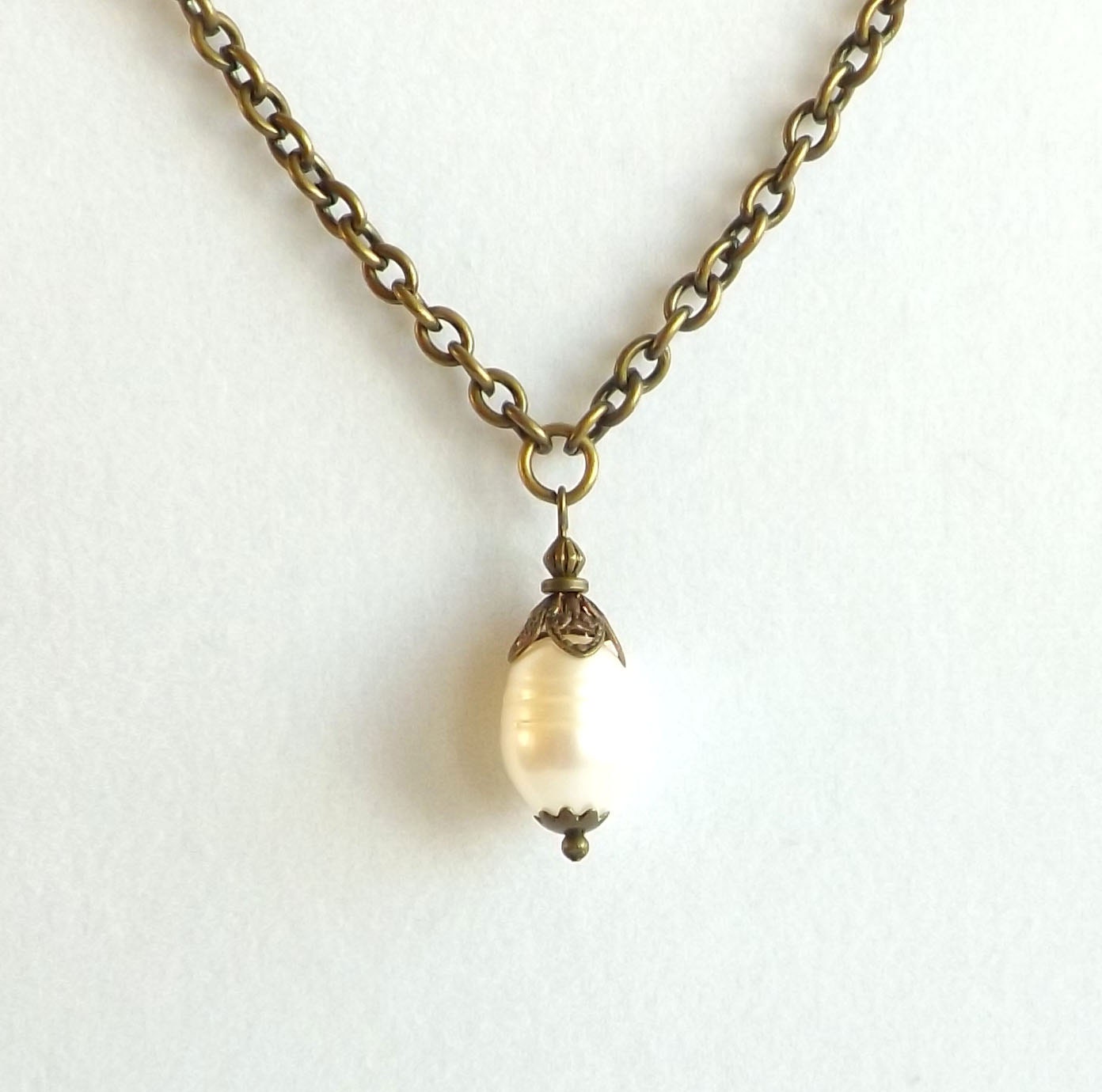 Freshwater Pearl Drop Necklace with Antique Brass Chain and Accents/Downton Abbey/Gift - connectionsbymaya