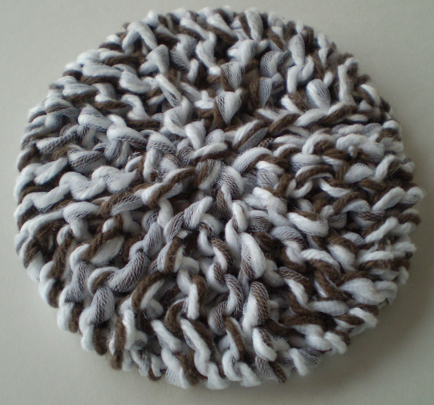 Knitted Dish Cloth Scrubbie LOOM KNITTING - Hand Made, Cotton Yarn, Tulle - White, Warm Brown