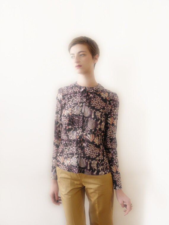 Violet Blouse, peterpan collar, Liberty fabric violet, with forest pattern, silk and wool