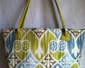 Handmade - Large Ikat Tote/Bag/Purse Fabric Green, Brown, Blue By iDesign For You