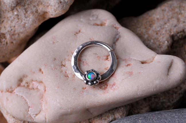 SEPTUM RING / EAR /Cartilage/nose ring 16 Gauge Sterling Silver with 2mm synthetic opal stone. Handcrafted