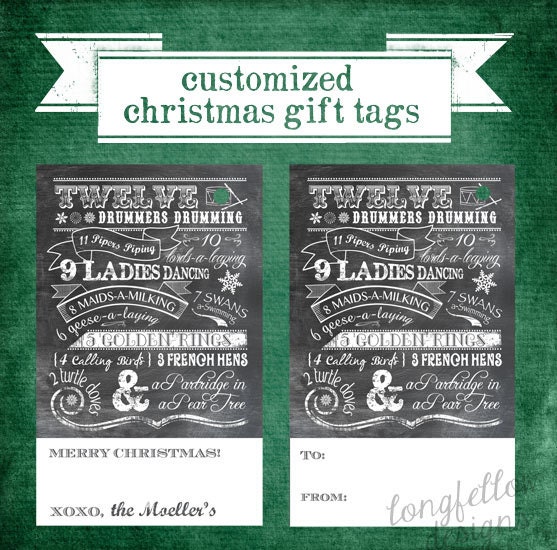 Customized Printable Christmas Gift Tags - Twelve Days of Christmas - Chalkboard Look - Digital File Only