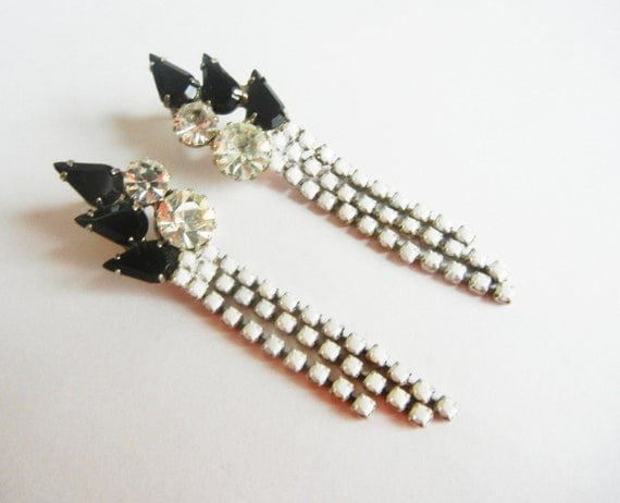 Vintage 1950s One Of A Kind  Hand Painted White and Black Rhinestone Dangle Earrings by Love Obsessed