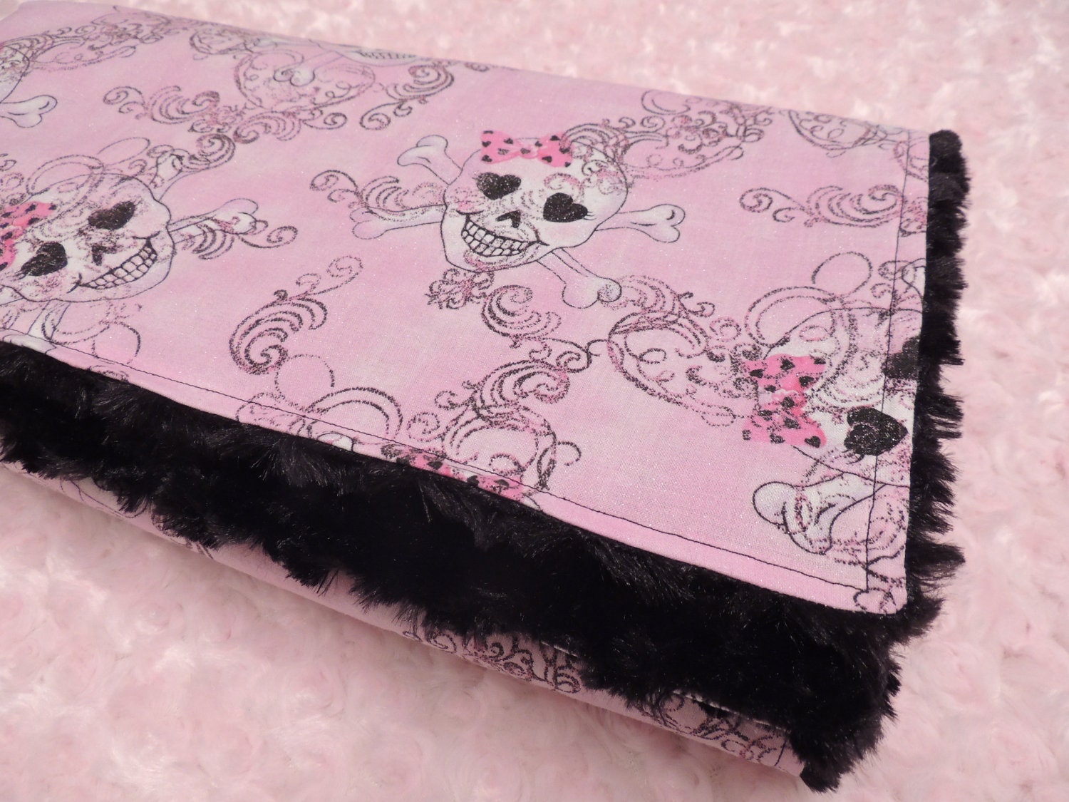 Pink Girlie Skull Print with Black Swirl Minky Baby Girl Blanket - Ready To Ship