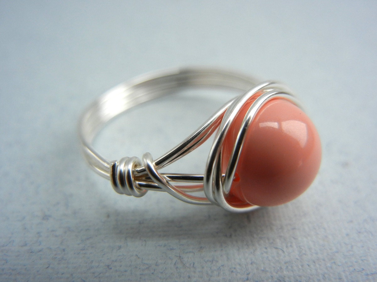 Wire Wrapped Ring, Pink Pearl, Faux Coral Ring, Silver Wire, Faux Pearl, Bridesmaid Jewelry