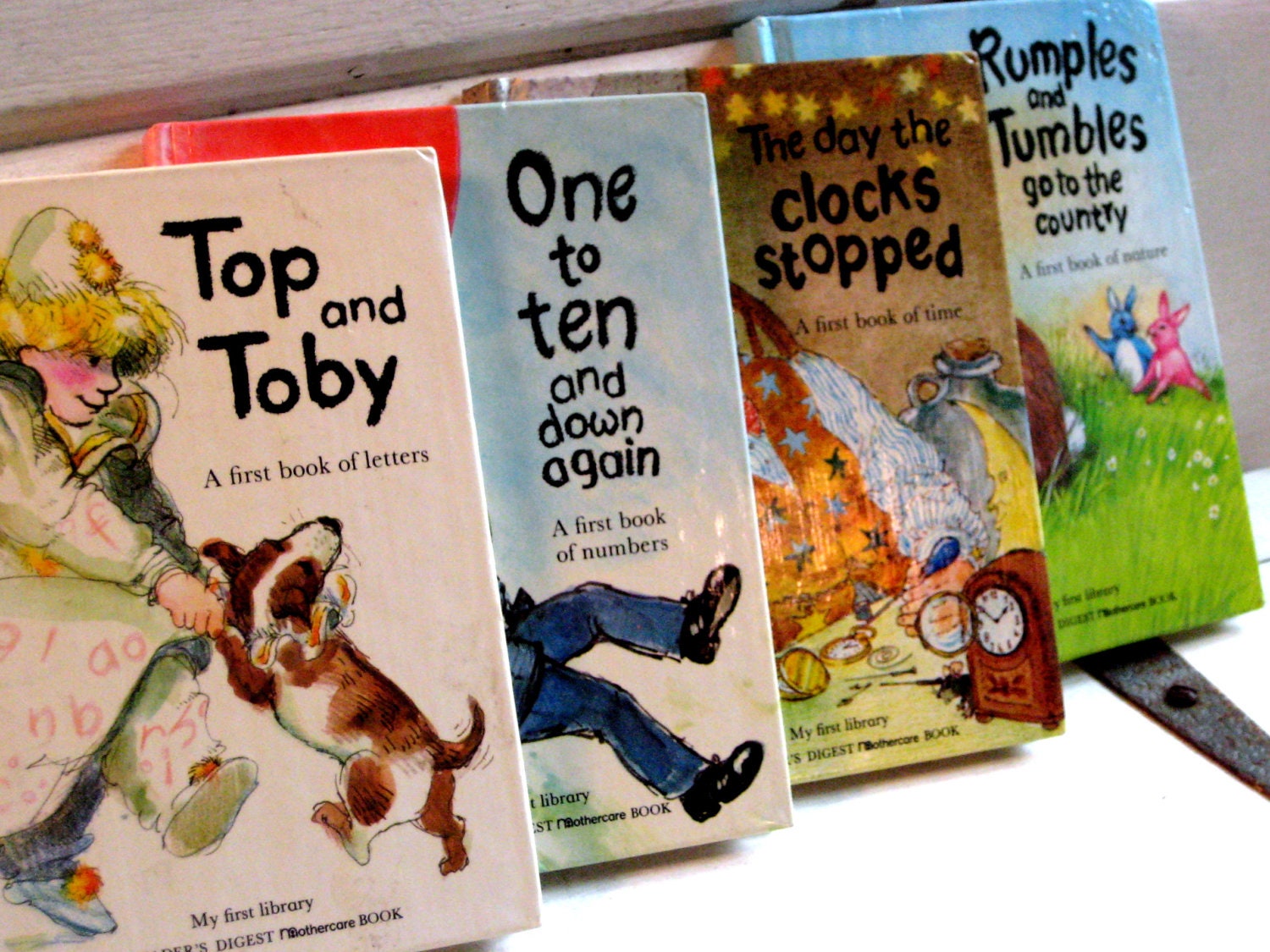Vintage children's books, set of four, Reader's Digest, My First Library letters, numbers, time and nature books, 4 x 6 inch, 1980