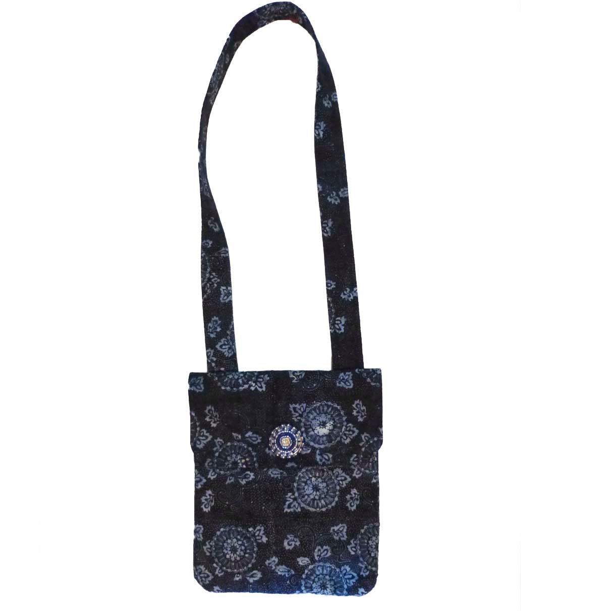 Multicolor Blues Geometric Flower Batik Print  Messenger Bag Purse  with a  Handmade Beaded Button, Purse,School  Bag
