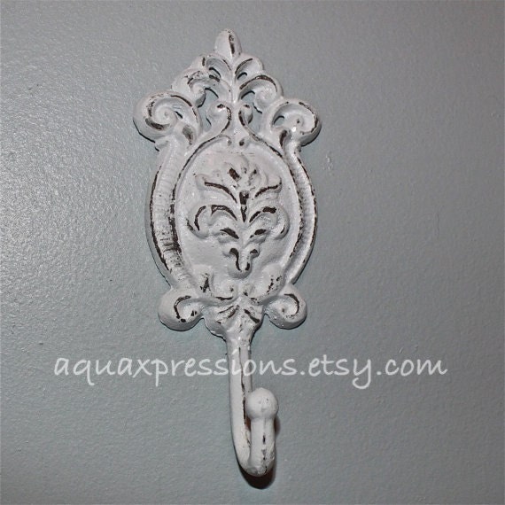 White Wall Hook/ Cast Iron/ Shabby Chic Decor/ Stained Metal/ Key Hanger/ Accessory/ Coat Rack /Towel Holder /French Country /Cottage Chic