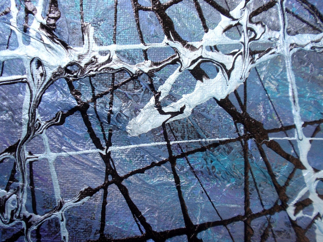 What Lies Beneath Mixed Media Abstract Canvas Painting Metallic Acrylic And Tissue Paper Blue, Silver, Grey, Black, Purple