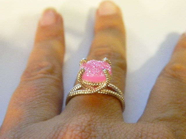 Pink druzy ring sterling silver size 6 3/4