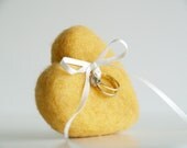 Mustard Yellow Heart Ring Pillow, Needle Felted Wool for your Country Wedding, Rustic , Barn, Spring Wedding