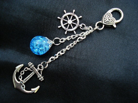 Nautical Anchor Love Bright Blue Fried Marble Rudder Keychain