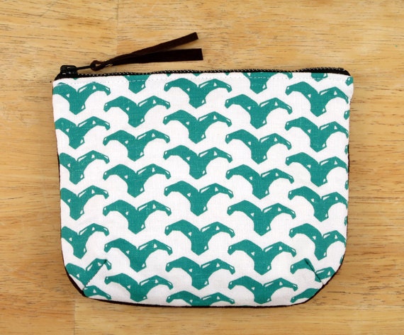 OOAK, Small Zipper Pouch, Screen Printed, Leather Back, Original Whale Tale design, Tie-died Interior in Tangerine, White, Green, Chocolate