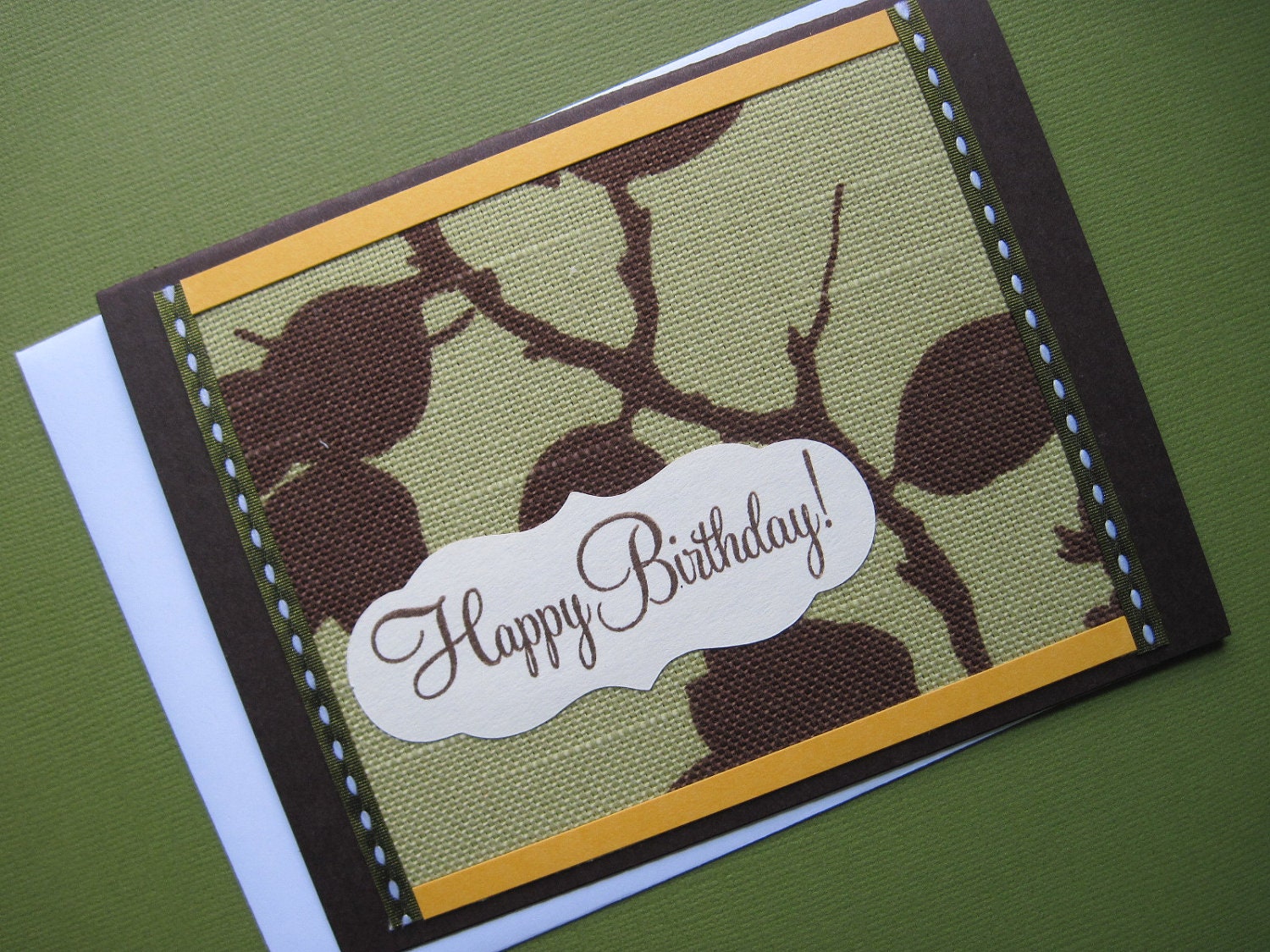 Asian-Inspired Lime Green & Chocolate Brown Botanical Fabric Birthday Card, 4 1/2 x 5 3/4