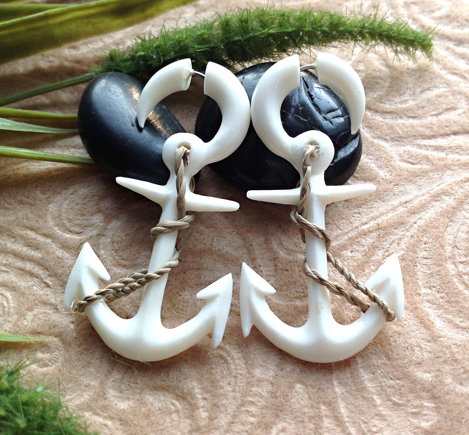 Fake Gauge Earrings, "Nautical Anchor" Hand Carved, Bone, Naturally Organic