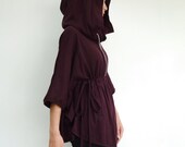 NO.75   Plum Cotton-Blend Zip Front Hooded Poncho Sweater - JoozieCotton