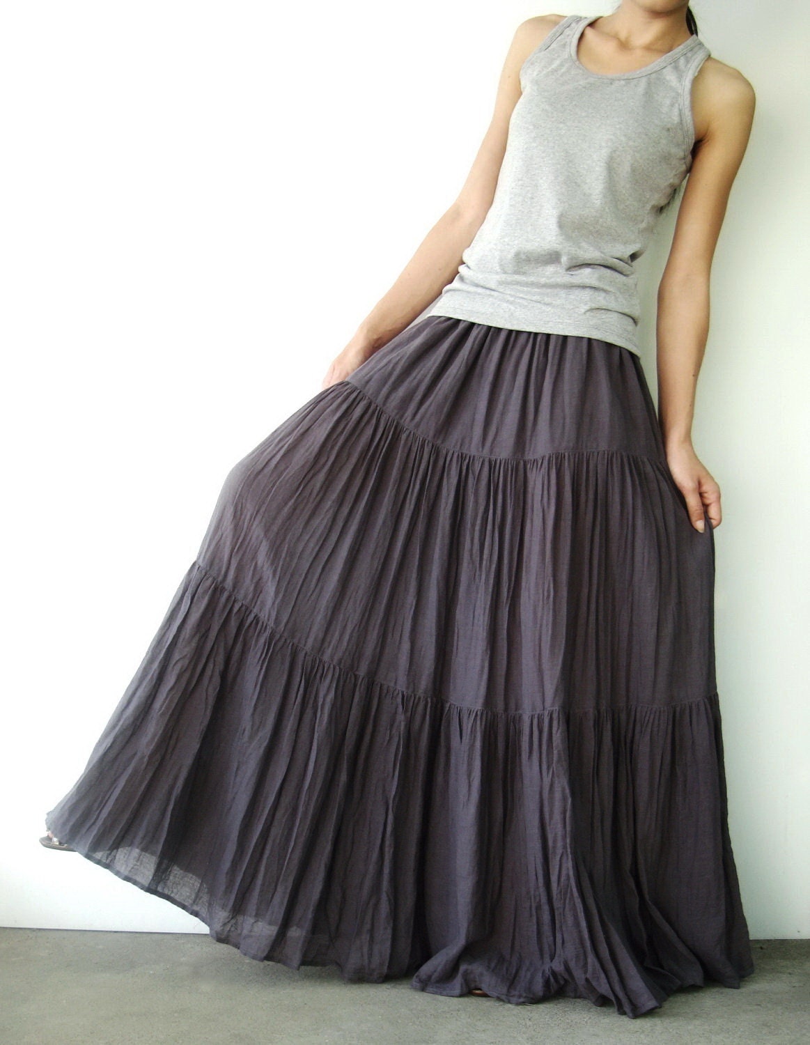 NO.5 Grey Cotton, Hippie Gypsy Boho Tiered Long Peasant Skirt