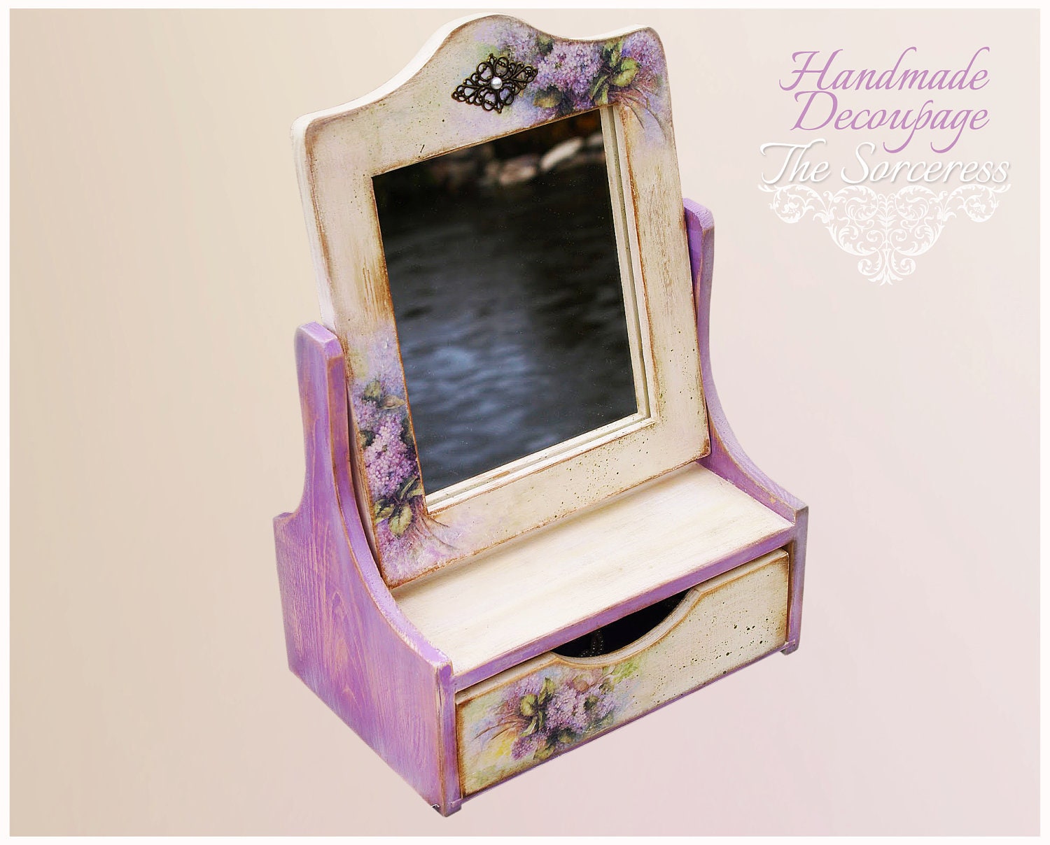 Bedroom Vanity "The Sorceress " with lilac elements, ornaments / Decoupage technique vintage looking gift Shabby chic rustic style