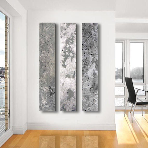 Metallic Abstract Paintings, - 3 panel CUSTOM abstract Wall Art, Home decor, - Steel, silver, Metal, Concrete, Stone