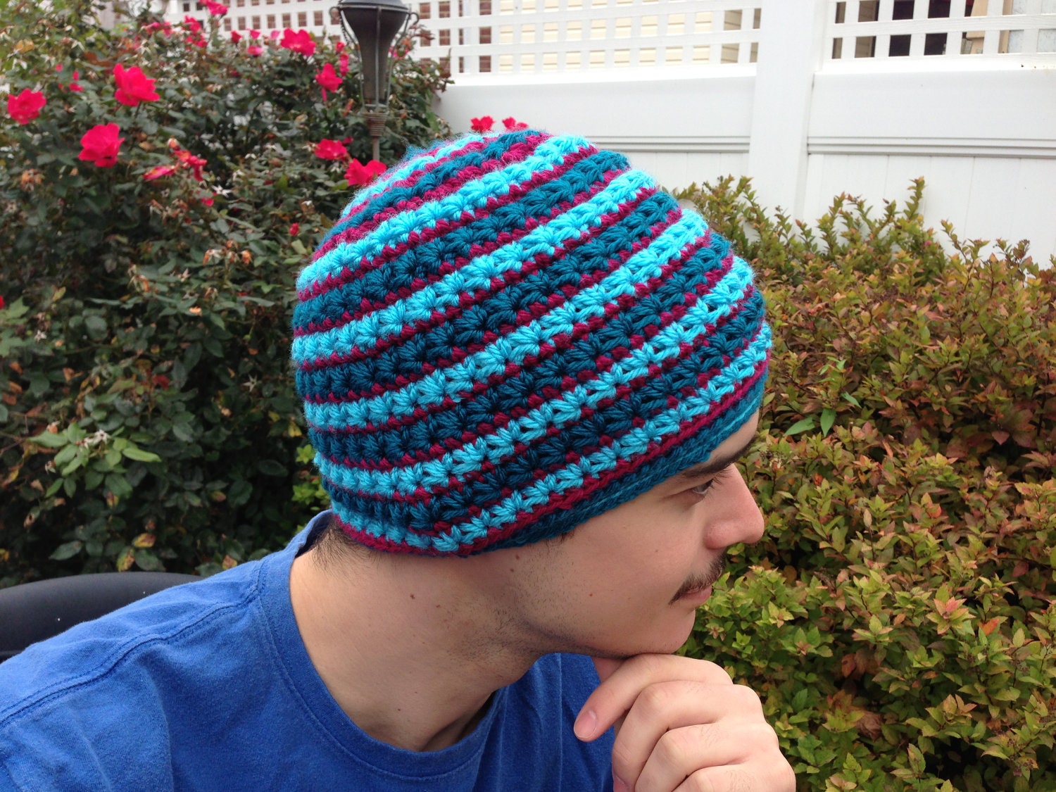 Beanie Hat Crocheted Blue with Textured Stitch Boys Girls Teens