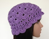 Beanie Cloche Hat with Shells Crocheted Lavender - Adult