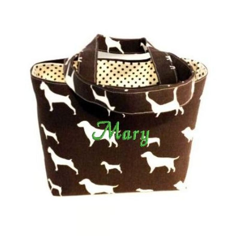 Tote Bag Fabric Handmade Tote Custom Embroidered with Monogram Dog Print