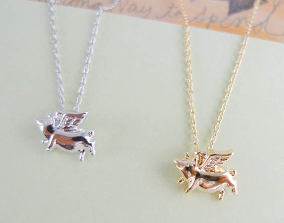flying pig with wings necklace in gold