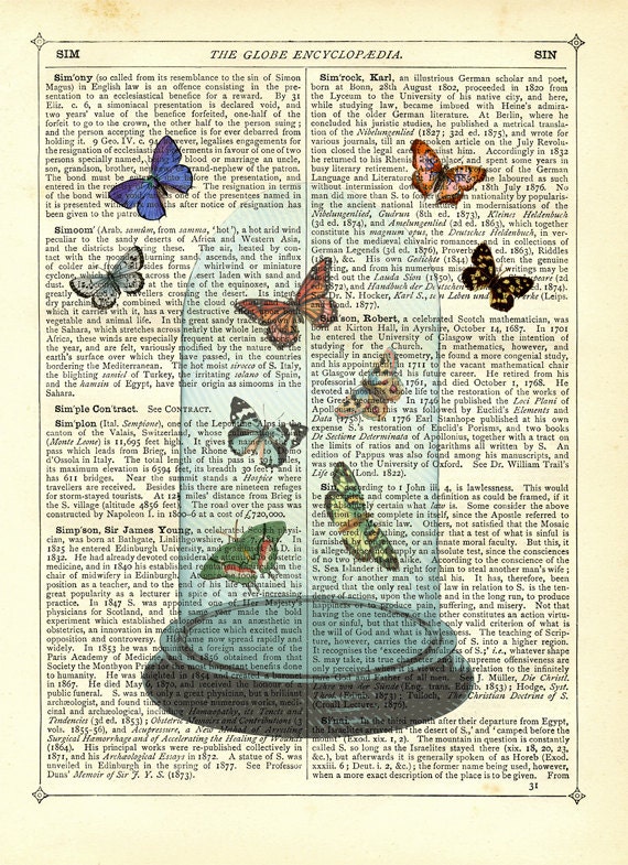 Dictionary Art Print Vintage Art Upcycled Dictionary Page Collage Poster Glass Dome with Butterflies
