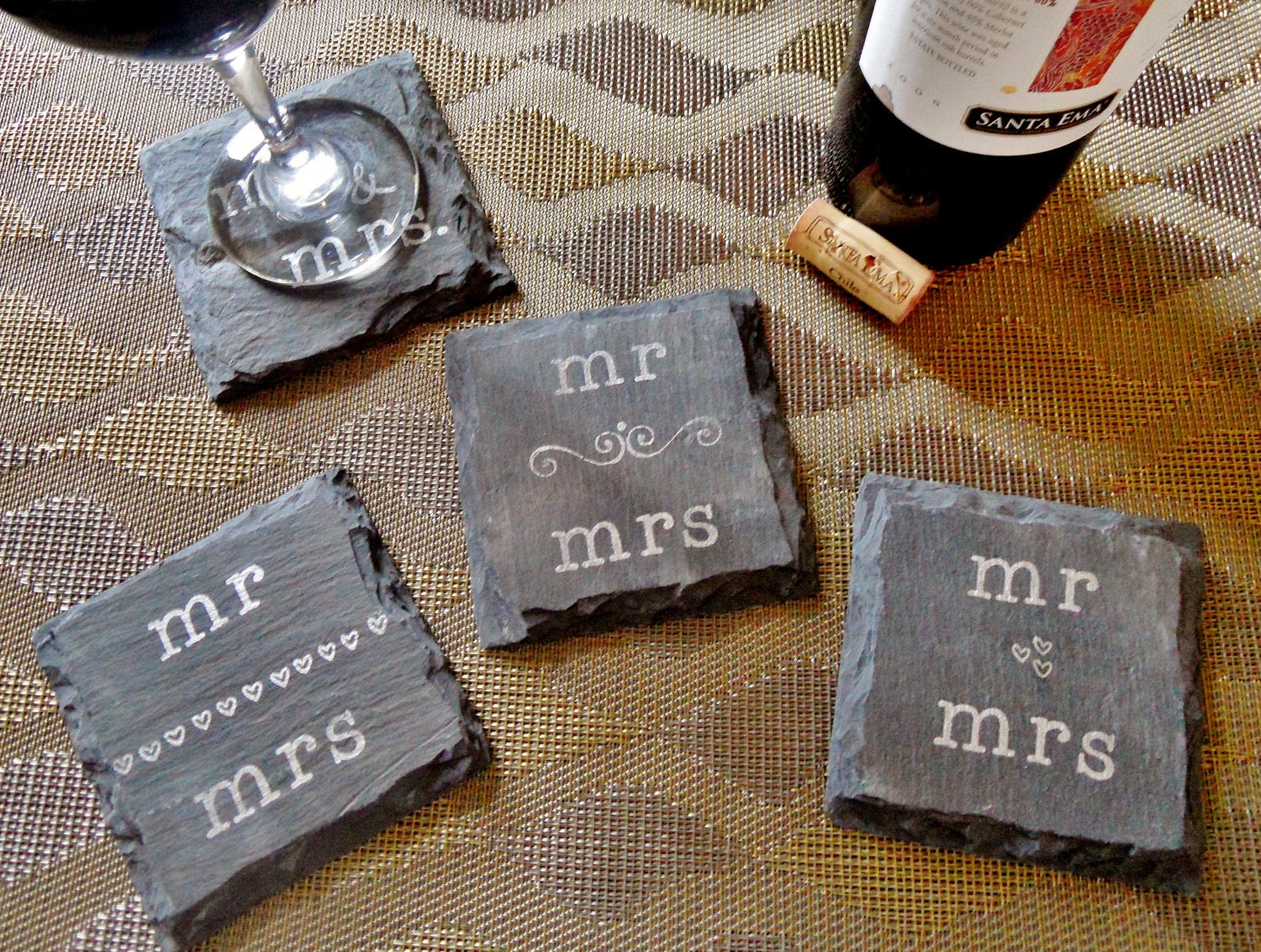 Customizable Mr and Mrs Slate Coasters (Set of 4) Wedding, Engagement, Housewarming