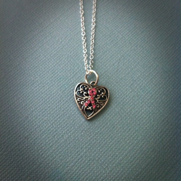 Pink Rhinestone Heart Breast Cancer Awareness Necklace
