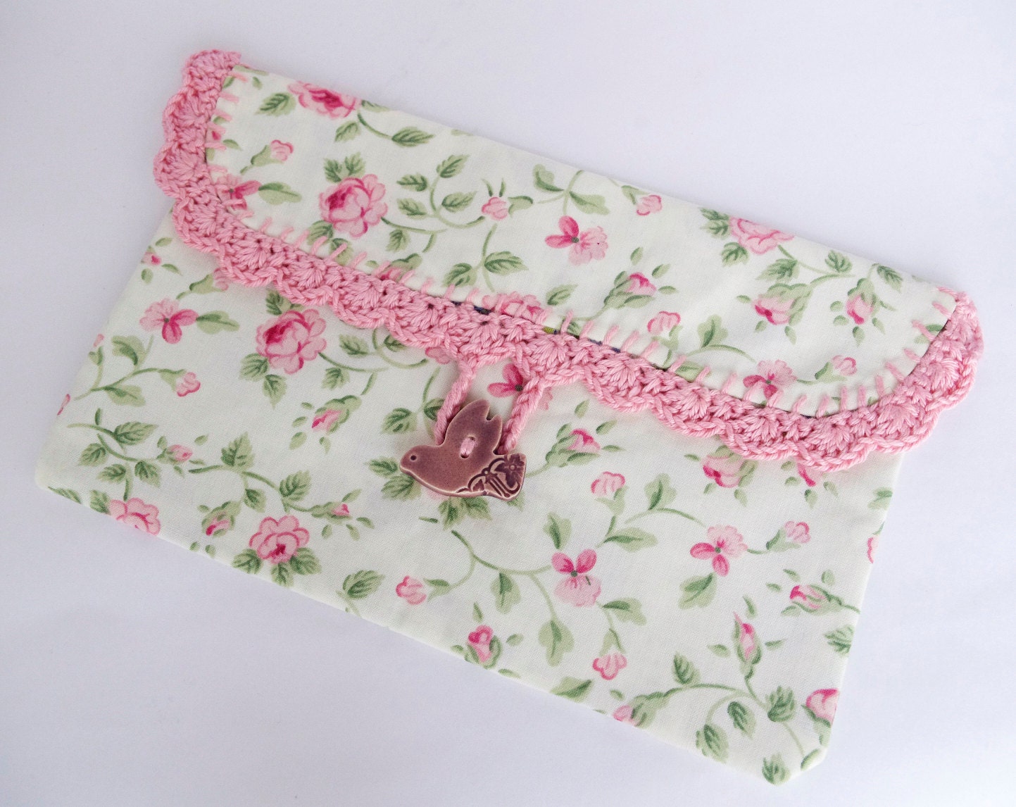 Cosmetic makeup bag, crochet lace clutch,pink lace pouch Vintage purse bird button bridal wedding