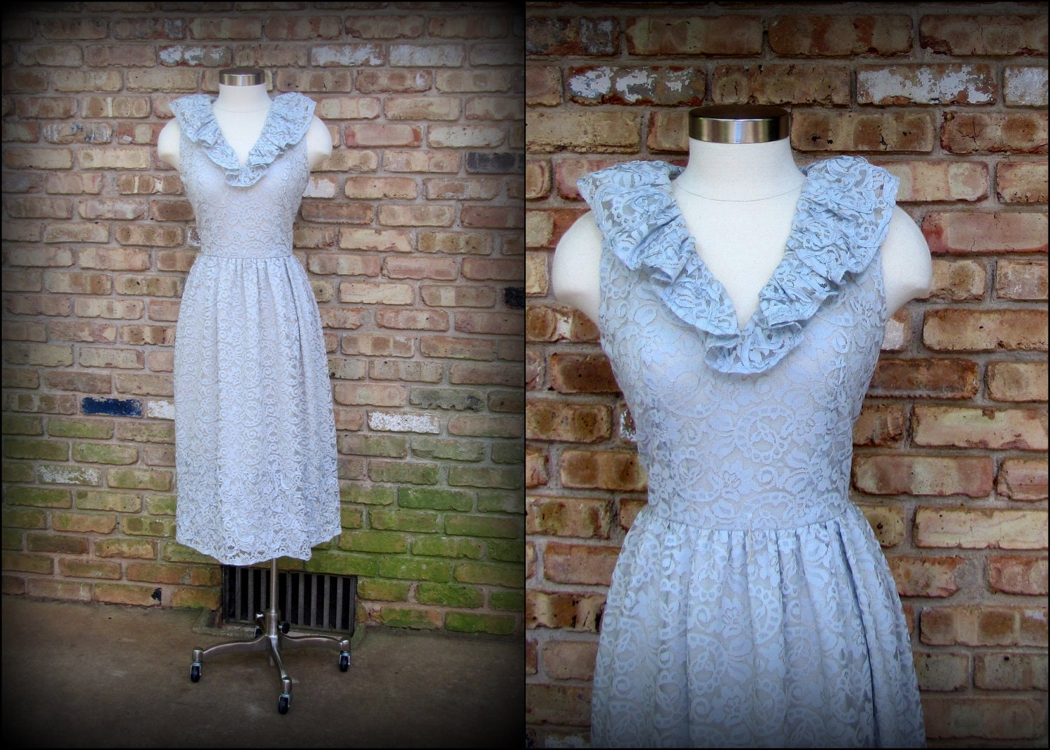 Vintage Formal Dress / Light Blue Lace Dress with Ruffled Neckline / 1960s / Small