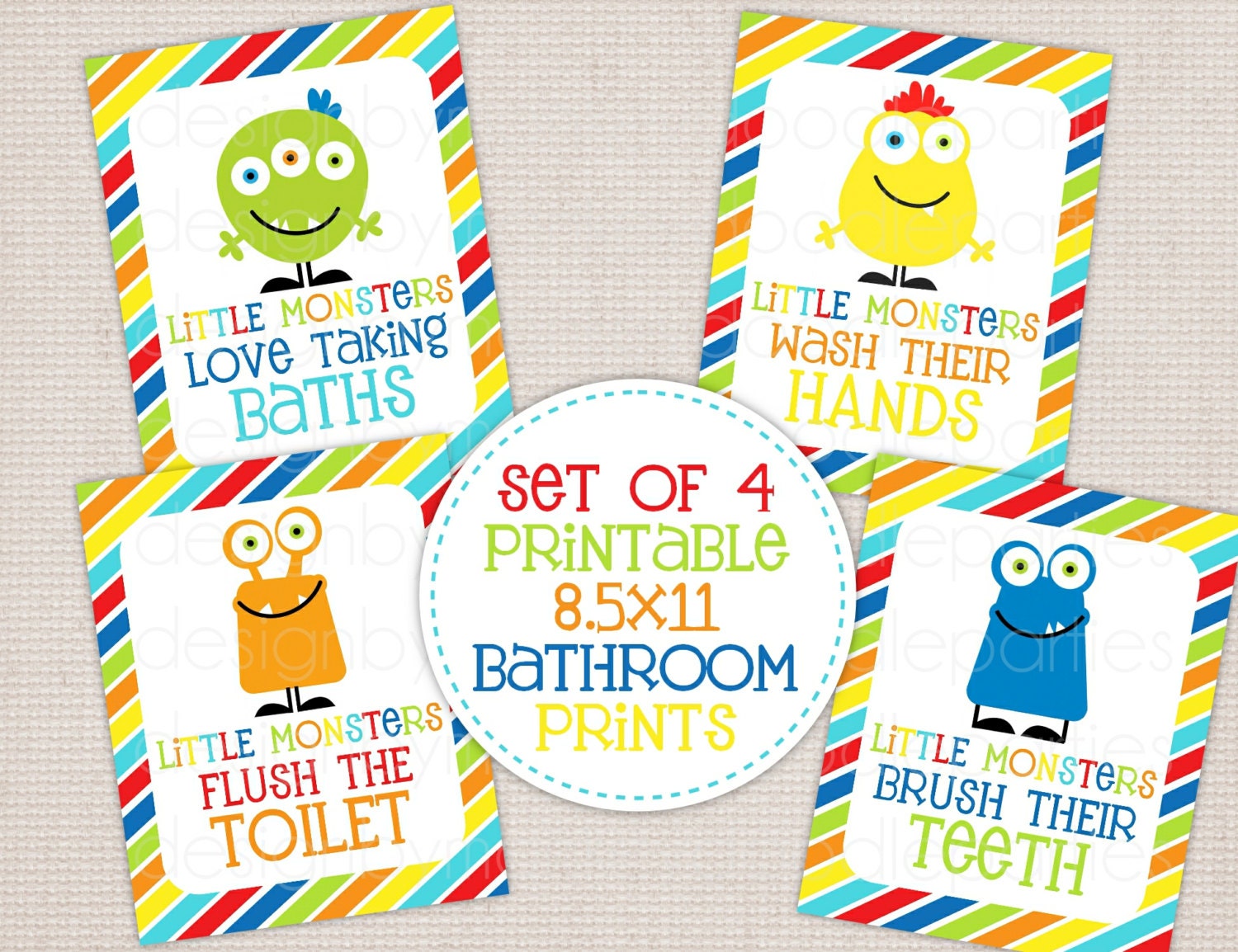 Adorable Set of 4 Little Monster Bathroom Art Prints Printable 8.5x11 PDF files Il_570xn