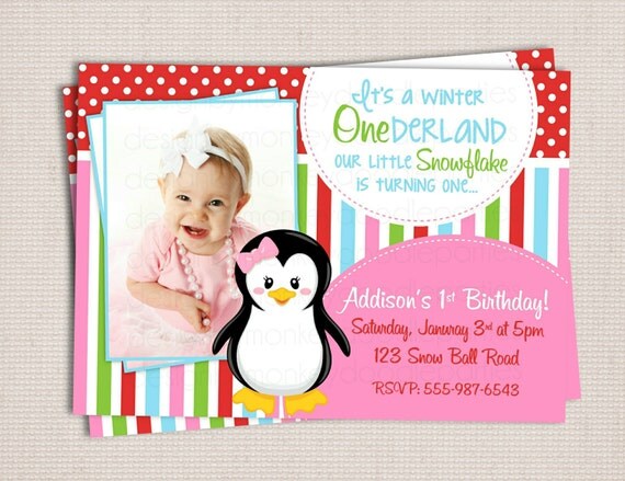 Winter ONEderland Girly Penguin Stripes & Dots Birthday Party Printable Invitation Digital File Il_570xn