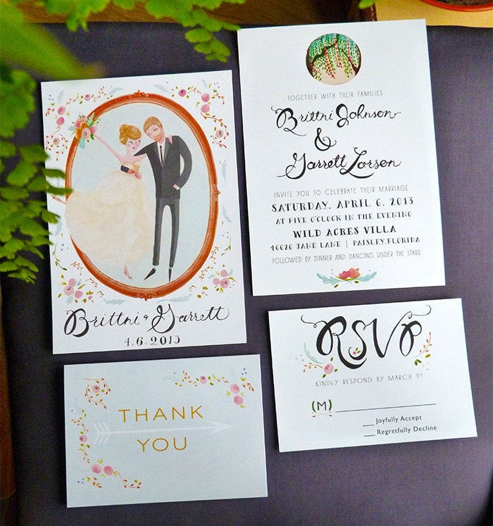 Spring Floral Wedding, Custom Illustrated Invitation
